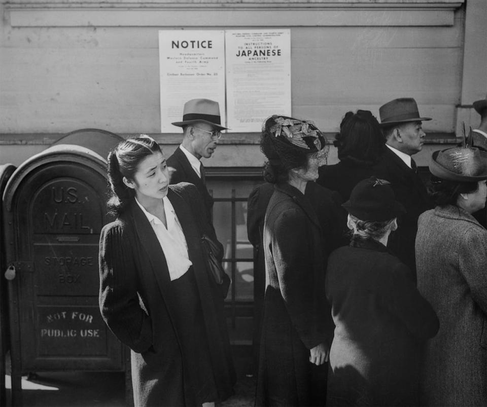 <div class="inline-image__caption"><p>Shizuko Ina at Kinmon Hall, San Francisco, on April 25, 1942, before being removed from her home and incarcerated with her husband, Itaru Ina.</p></div> <div class="inline-image__credit">Dorothea Lange</div>