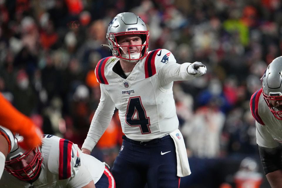 Patriots quarterback Bailey Zappe (4) against the Denver Broncos on Dec. 24 in Denver.