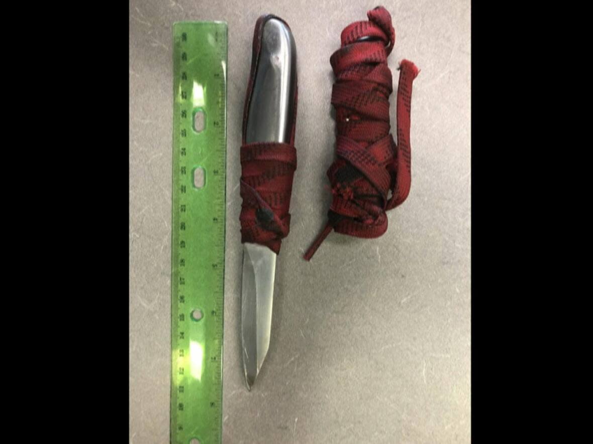 The knife seized by Edmonton Police Service last Thursday after an officer shoved a woman to the ground. (Edmonton Police Service - image credit)