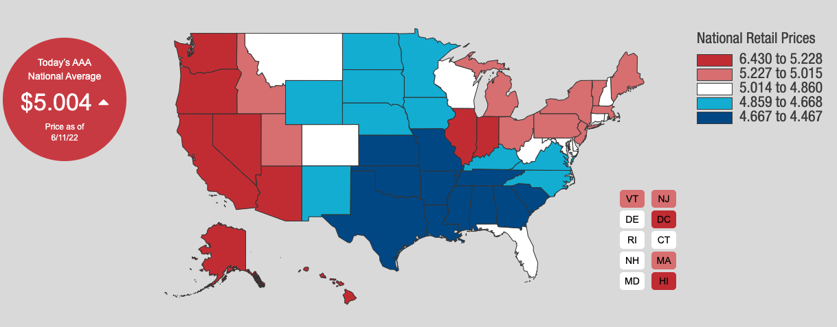Gas prices by U.S. state. (AAA)