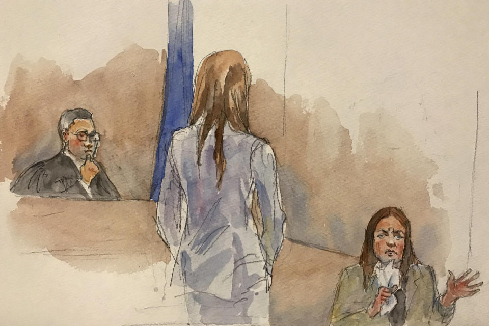 In this courtroom sketch, Manhattan Supreme Court Judge James Burke, left, listens to testimony from witness Mimi Haleyi, right, while assistant Assistant District Attorney Megan Hast, standing, also listens in Harvey Weinstein's sexual misconduct and rape trial, Monday, Jan. 27, 2020, in New York. Haleyi testified Monday that weeks after arriving in New York to work for one of his shows, she found herself fighting in vain as the once-revered showbiz honcho pushed her onto a bed and sexually assaulted her, undeterred by her kicks and pleas of, "no, please don't do this, I don't want it." (Aggie Kenny via AP)