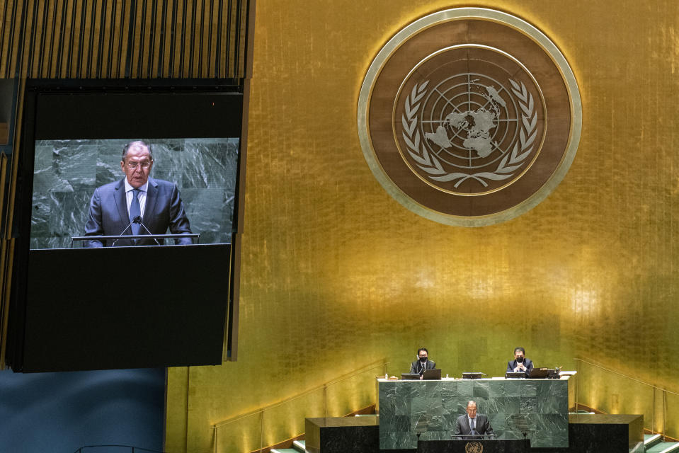 Russia's Foreign Minister Sergei Lavrov addresses the 76th Session of the U.N. General Assembly at United Nations headquarters in New York, on Saturday, Sept. 25, 2021. (Eduardo Munoz /Pool Photo via AP)