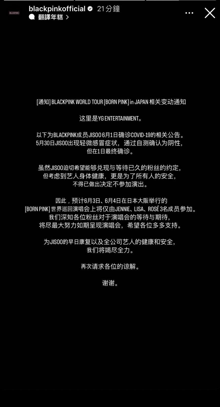 BLACKPINK官方證實Jisoo不會參與日本演唱會。（圖／翻攝自IG）