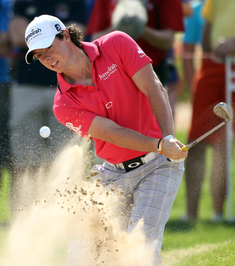 ABU DHABI, UNITED ARAB EMIRATES - JANUARY 27: Rory McIlroy of Northern Ireland plays a bunker shot on the eighth hole during the second round of The Abu Dhabi HSBC Golf Championship at Abu Dhabi Golf Club on January 27, 2012 in Abu Dhabi, United Arab Emirates. (Photo by Andrew Redington/Getty Images)