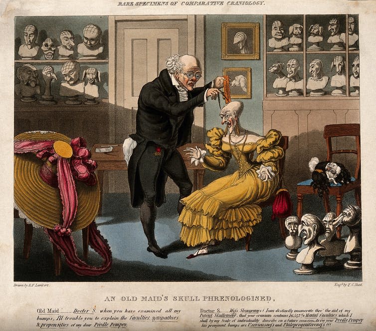 <span class="caption">Caricature showing Franz Joseph Gall measuring the head of a bald lady.</span> <span class="attribution"><span class="source">E.F. Lambert/Wellcome collection</span>, <a class="link " href="http://creativecommons.org/licenses/by-sa/4.0/" rel="nofollow noopener" target="_blank" data-ylk="slk:CC BY-SA;elm:context_link;itc:0;sec:content-canvas">CC BY-SA</a></span>