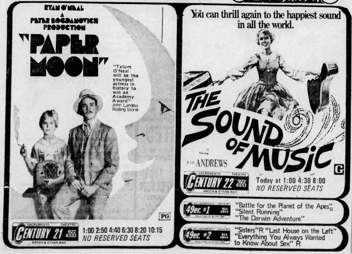 An advertisement in The Sacramento Bee on June 30, 1973, promotes a showing of “Battle for the Planet of the Apes” at the 49ers Drive-in. The “Sound of Music” and “Paper Moon” were being shown and the Century theaters owned by Syufy.