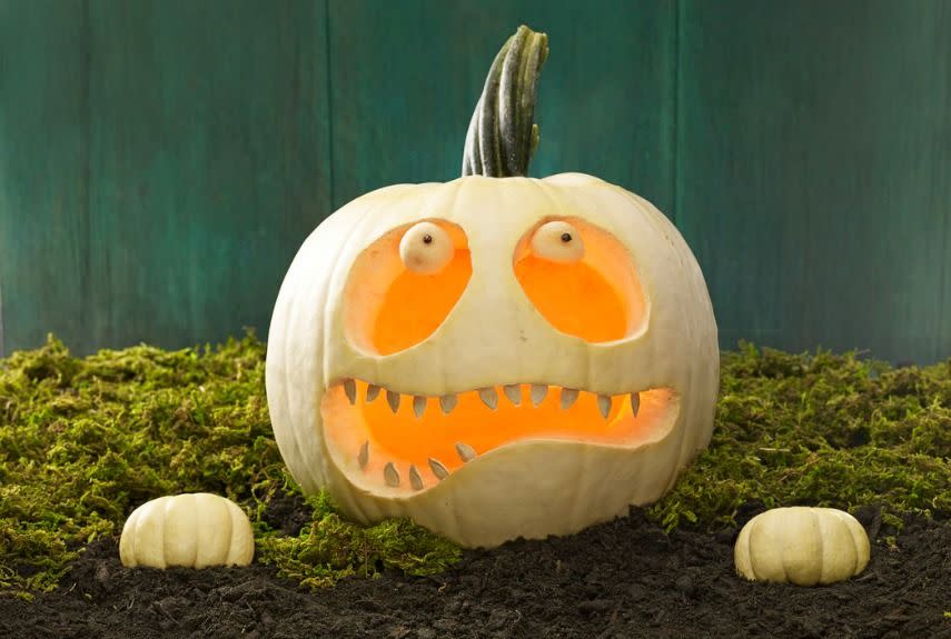 <p>Bring a pumpkin back from the dead by carving a lopsided smile and adding eerie eyeballs (shaped with a melon baller). Place two mini pumpkins close by to look like hands clawing their way from the grave. </p>