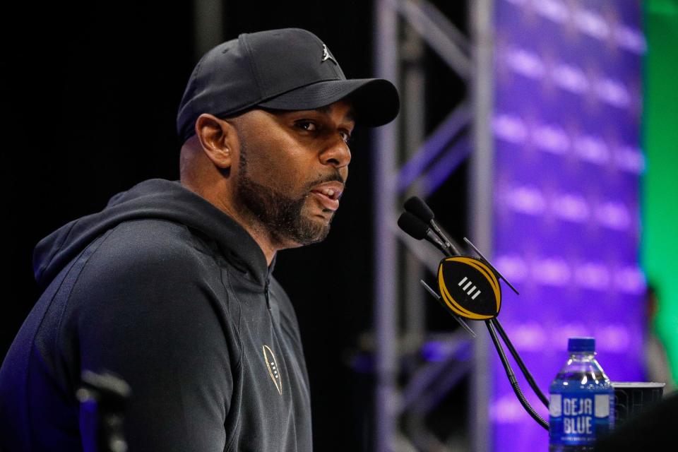 Michigan offensive coordinator Sherrone Moore speaks during national championship game media day at George R. Brown Convention Center in Houston, Texas on Saturday, Jan. 6, 2024.