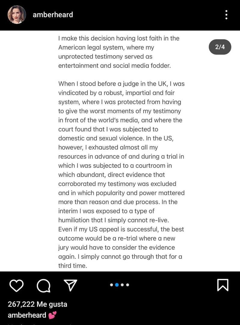 El mensaje de Amber Heard sobre su decisión tras el juicio de Johnny Depp (Foto: Captura de Instagram/@amberheard)