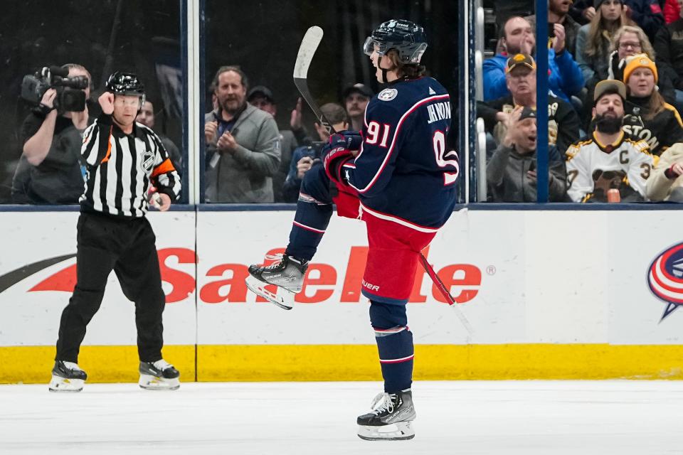 Blue Jackets center Kent Johnson has 22 goals, 37 assists and 59 points through his first 130 NHL games.