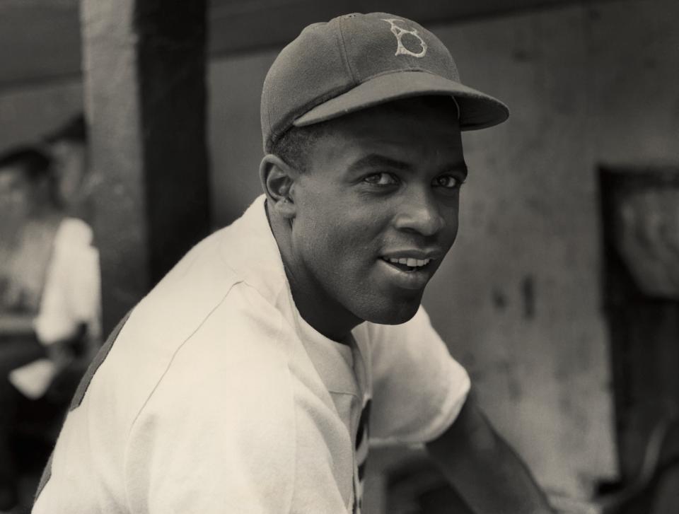 A portrait of the Brooklyn Dodgers' infielder Jackie Robinson in uniform.  (Photo by Hulton Archive/Getty Images)