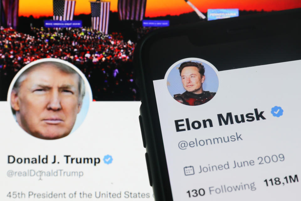 Donald Trump Twitter account displayed on a laptop screen and Elon Musk Twitter account displayed on a phone screen are seen in this illustration photo taken in Krakow, Poland on November 22, 2022. (Photo by Jakub Porzycki/NurPhoto via Getty Images)