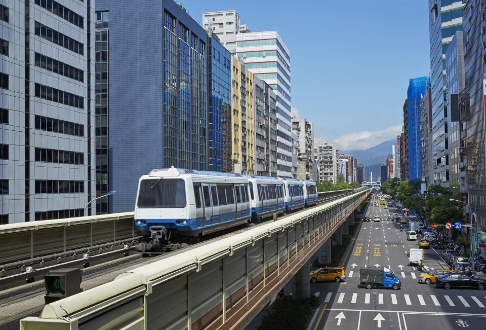 Elevated view of Metro train on the 'Wenhu Line' from Nanjing Fuxing subway station in Central Taipei