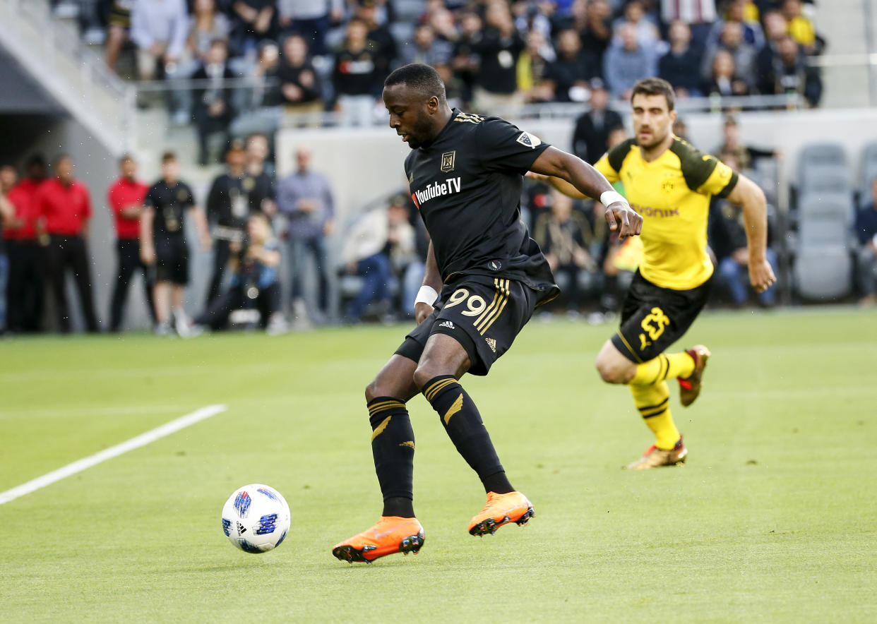 LAFC forward Adama Diomande claims he was subject to racial abuse by an opposing player during their 3-2 win over the Portland Timbers on Wednesday night in Los Angeles. (AP Photo/Ringo H.W. Chiu)