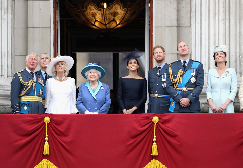 Later, Meghan was on the royal balcony with the Queen and Prince Harry. Photo: Getty Images