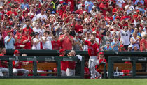 Los Angeles Angels' Albert Pujols waves to fans after getting a curtain call when he hit a home run during seventh inning of a baseball game against the St. Louis Cardinals, Saturday, June 22, 2019, in St. Louis. (AP Photo/L.G. Patterson)