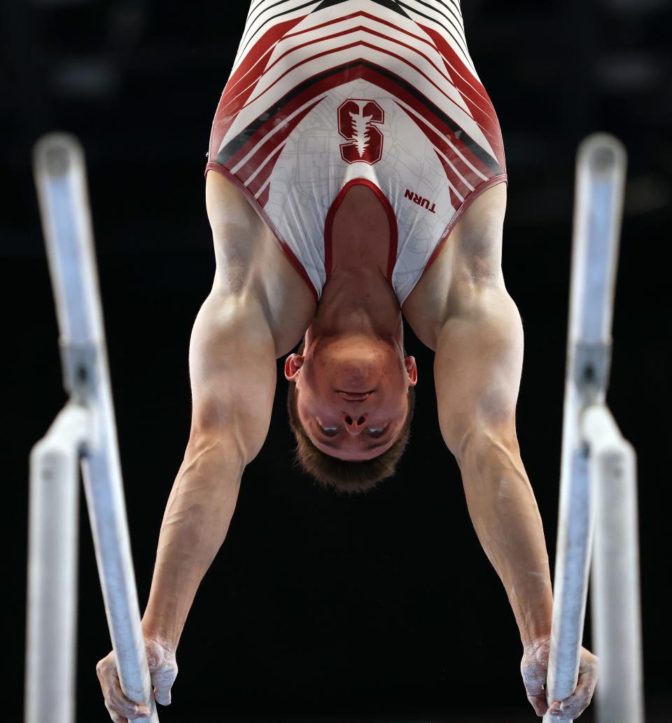 Brody Malone competes on the parallel bars during the Men's Senior competition of the U. S. Gymnastics Championships at Dickies Arena on June 05, 2021 in Fort Worth, Texas.