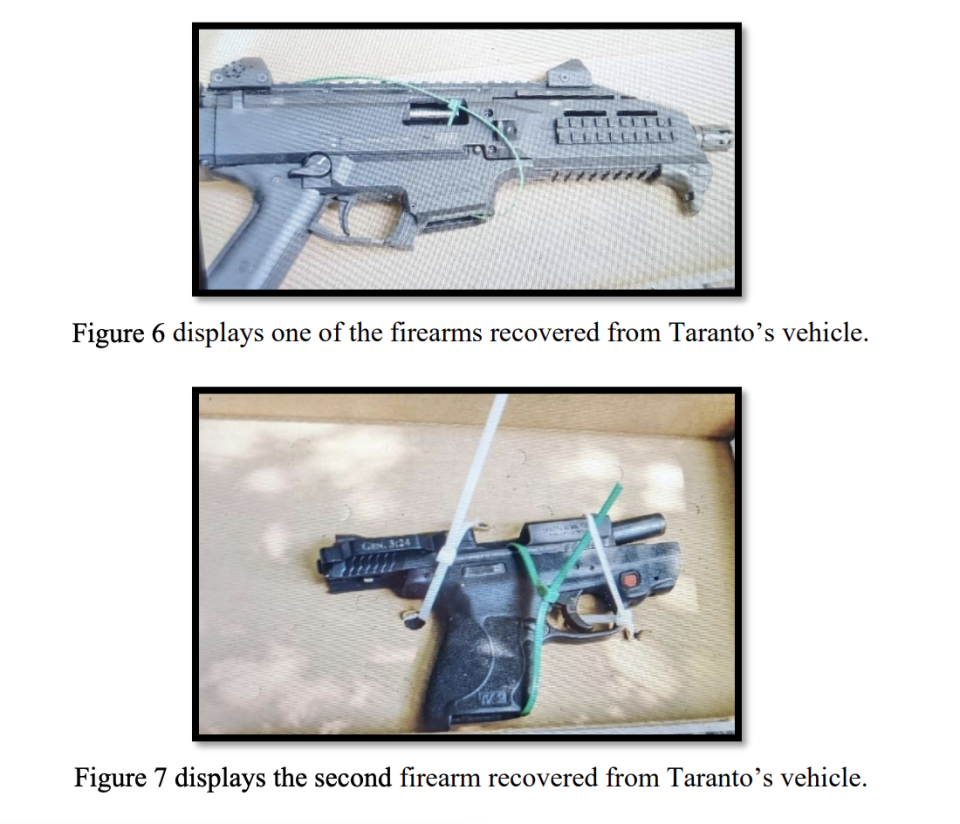 A court filing showing photos of firearms found in the van of Taylor Taranto after his arrest near former President Barack Obama's home in Washington, D.C., on June 29, 2023. / Credit: Justice Department