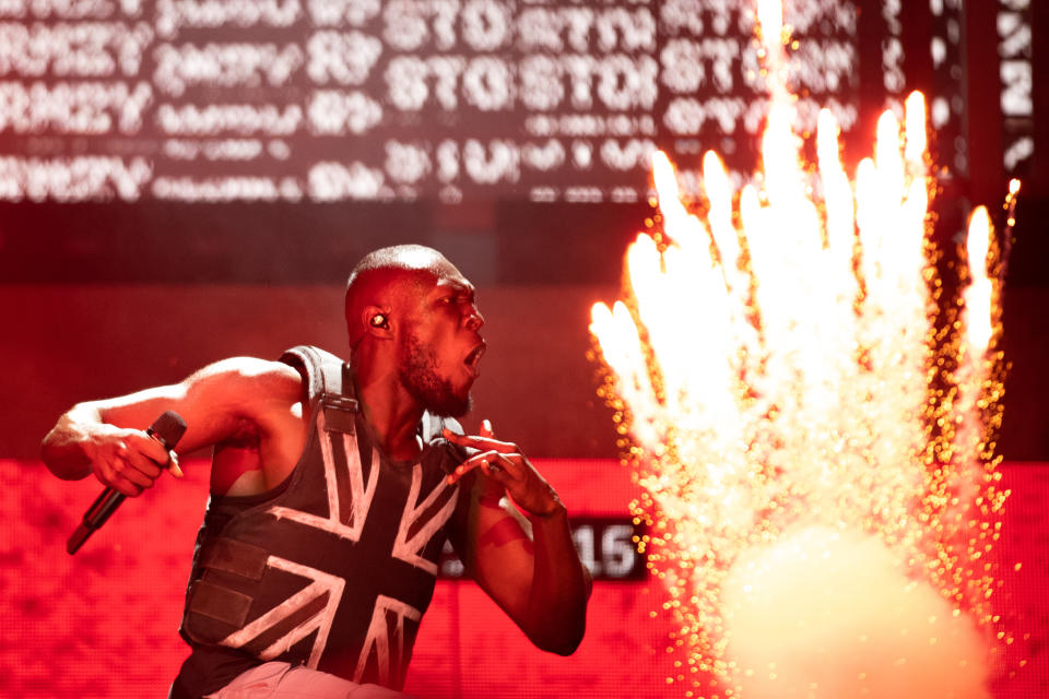 Stormzy performing on the Pyramid Stage during the Glastonbury Festival at Worthy Farm in Pilton, Somerset.