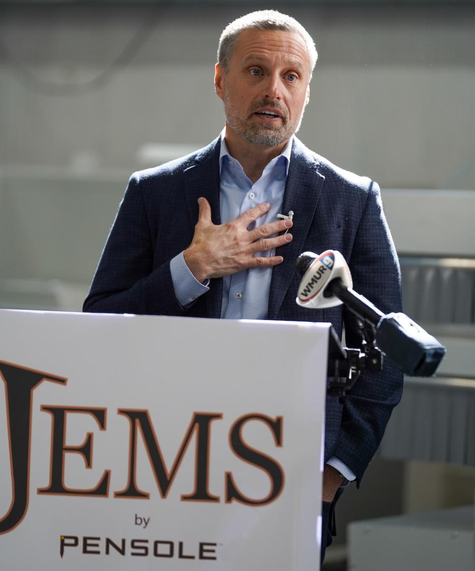 Bill Jordan, Designer Brands Inc. President, the parent company of Designer Shoe Warehouse, speaks at the opening of the new JEMS by Pensole factory opening in Somerset, N.H.