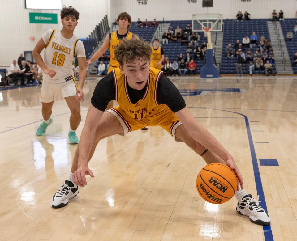 Central's Jaycen Santucci grabs a loose ball in the Golden Eagles' 48-40 victory over St. John Vianney in the quarterfinals at the WOBM Christmas Classic at RWJ Barnabas Health Arena in Toms River on Dec. 26, 2023.