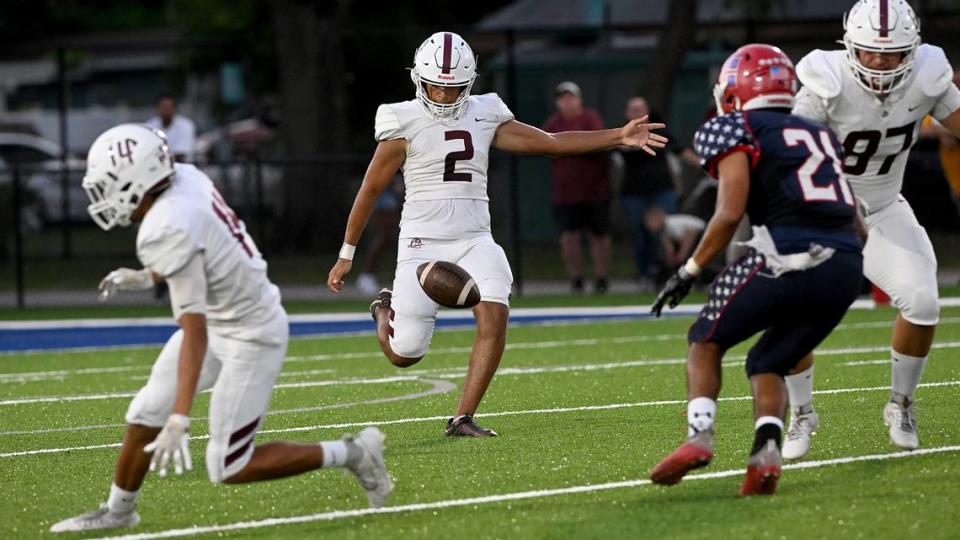 Braden River’s Bruno Reus punts against Manatee at Hawkins Stadium Friday, Sept. 15, 2023.