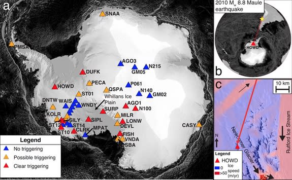 Map of Antarctica icequakes triggered by Chile's 2010 earthquake.