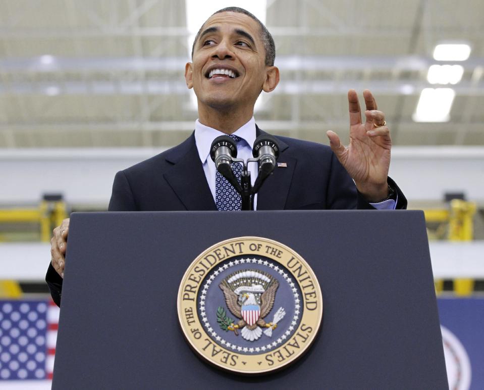 President Barack Obama speaks at the Rolls-Royce Crosspointe jet engine disc manufacturing facility, Friday, March, 9, 2012, in Prince George, Va. Crosspoint facility manufactures precision-engineered engine disc and other components for aircrafts. (AP Photo/Pablo Martinez Monsivais)