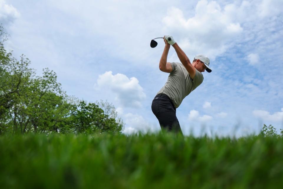 Aberg plays a tee shot during a practice round before the PGA Championship (Getty Images)