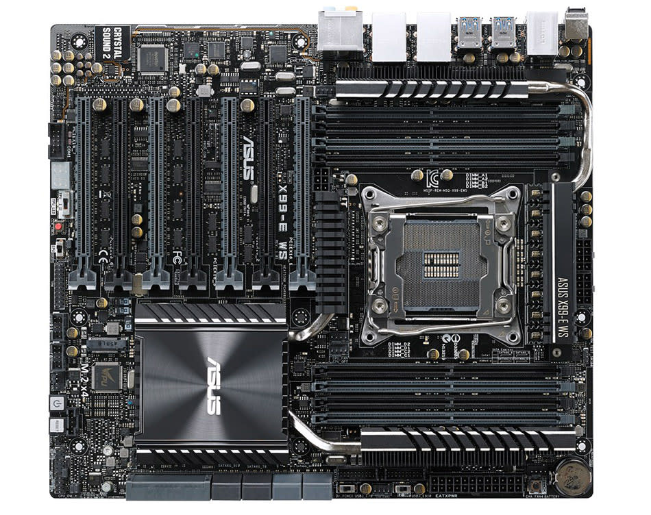 The ASUS X99-E WS Intel X99 motherboard has seven PCIe x 16 slots. (Image source: ASUS.)