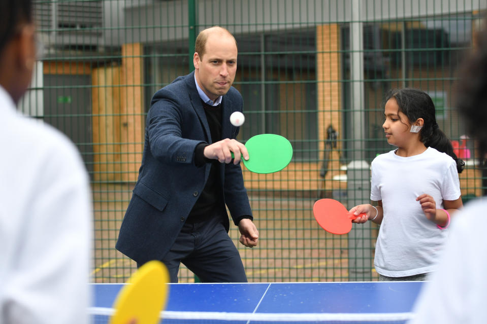 <p>The Duke of Cambridge playing table tennis during a visit to The Way Youth Zone in Wolverhampton, West Midlands. Picture date: Thursday May 13, 2021.</p>
