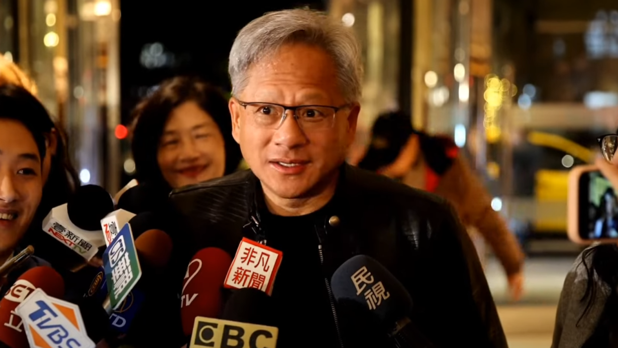  A still of Jensen Huang taking questions in Taiwan after attending dinner with members of TSMC to discuss chip supply. 