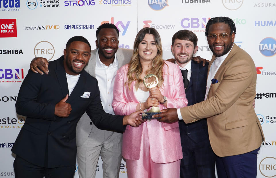 Tremaine, Twaine and Tristan with Pete and Sophie Sandiford from Gogglebox after they won best entertainment show at the TRIC Awards 2022 at Grosvenor House, London. Picture date: Wednesday July 6, 2022.