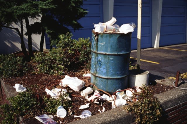 environmental concerns, color, horizontal, exterior, outside, day, sunny, center, environment, overflowing, garbage, can, stuf