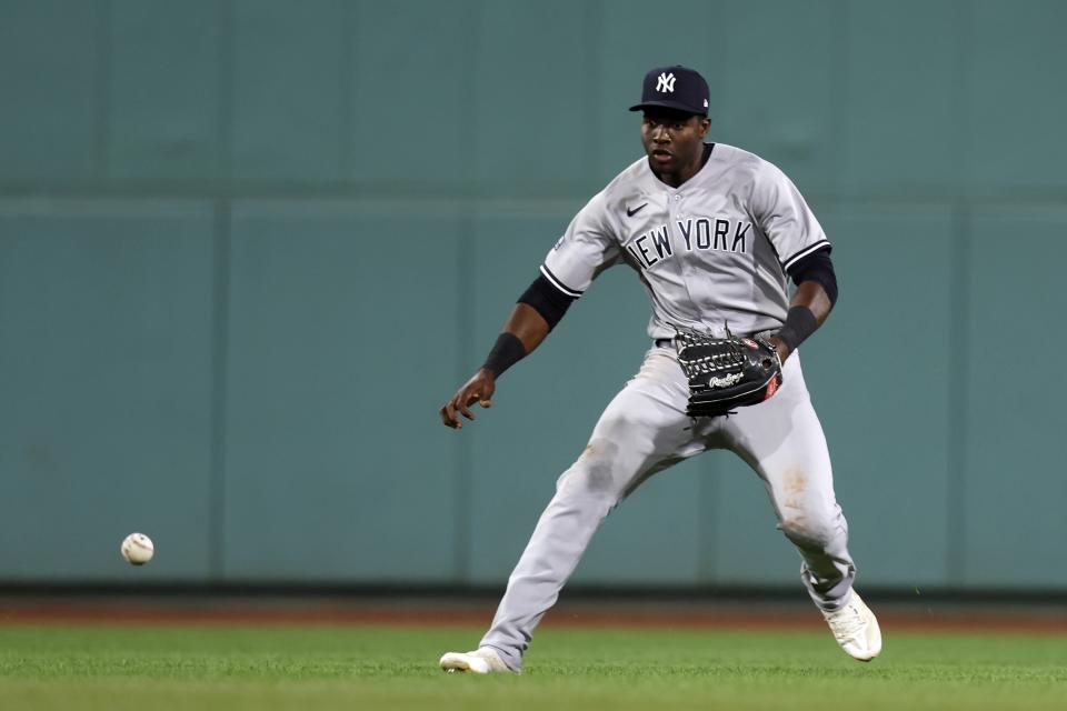 FILE - New York Yankees center fielder Estevan Florial plays against the Boston Red Sox in the seventh inning during the second game of a baseball doubleheader, Sept. 14, 2023, in Boston. The Yankees traded former top prospect Florial to the Cleveland Guardians on Tuesday, Dec. 26, acquiring right-hander Cody Morris for the 26-year-old outfielder. (AP Photo/Michael Dwyer, File)