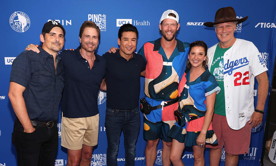 (L-R) Brad Paisley, Rob Lowe, Mario Lopez, Clayton Kershaw, Ellen Kershaw and Will Ferrell attend Clayton Kershaw's 8th Annual Ping Pong 4 Purpose at Dodger Stadium on August 08, 2022 in Los Angeles, California.