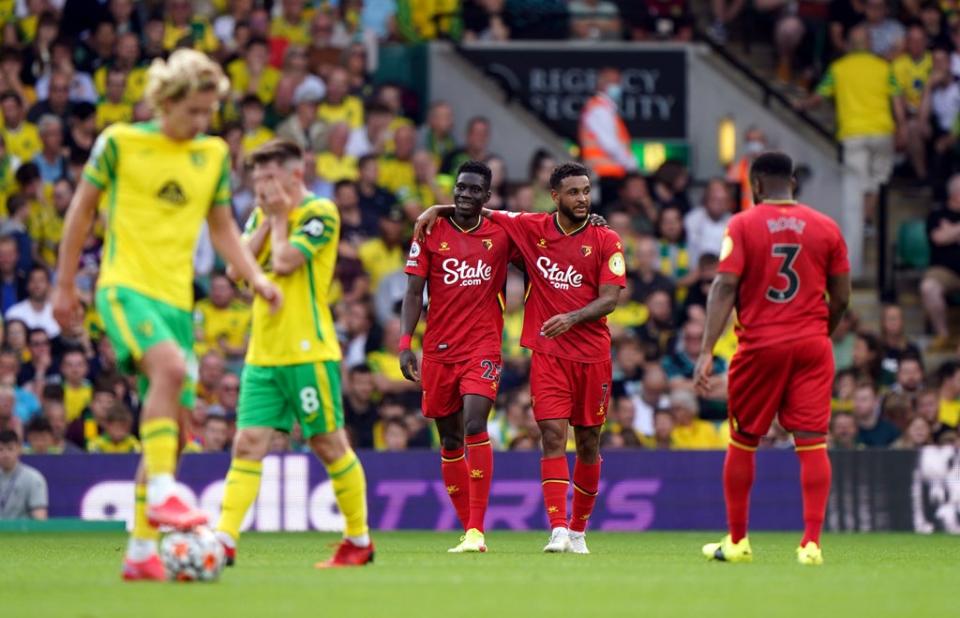 Watford’s Ismaila Sarr celebrates scoring his side’s third goal against Norwich (Joe Giddens/PA) (PA Wire)