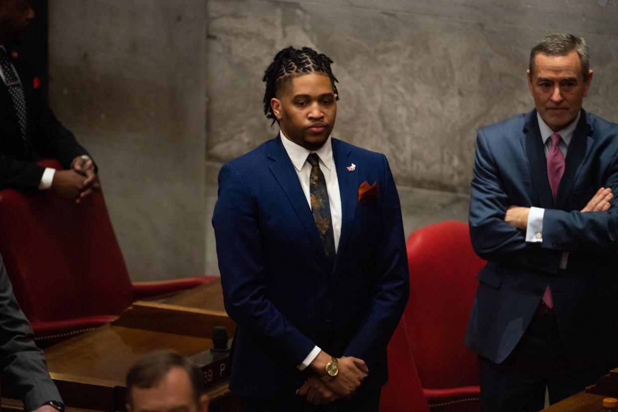 Tennessee State Representative District 90 (D) Torrey Harris stands while listening to the announcements during the 112th General Assembly at Tennessee State Capitol in Nashville, Tenn., Tuesday, Jan. 11, 2022.