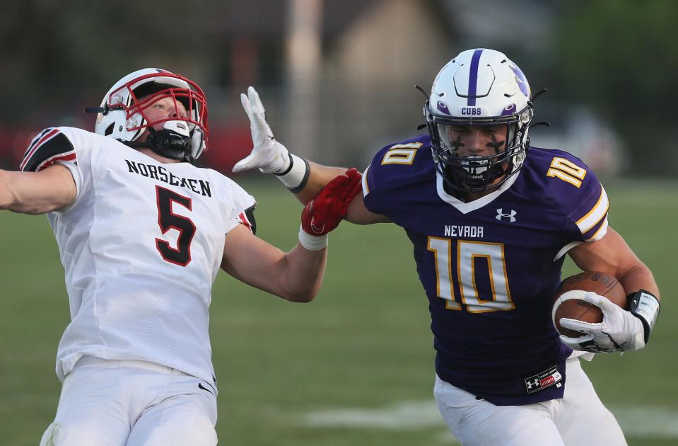 Cason Stevenson ran for two touchdowns in the first half to help Nevada roll past Roland-Story in a non-district rivalry football game Friday at Cub Stadium in Nevada.