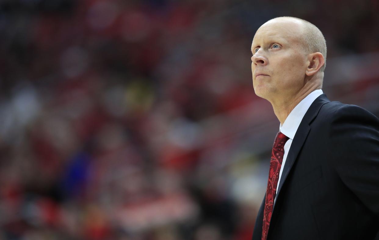 LOUISVILLE, KENTUCKY - MARCH 01:   Chris Mack the head coach of the Louisville Cardinals gives instructions to his team against the Virginia Tech Hokies at KFC YUM! Center on March 01, 2020 in Louisville, Kentucky. (Photo by Andy Lyons/Getty Images)