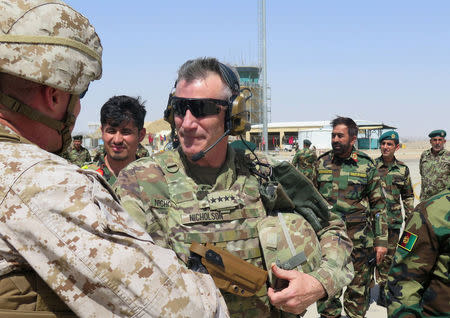 U.S. Army General John Nicholson, commander of Resolute Support forces and U.S. forces in Afghanistan, arrives during a transfer of authority ceremony at Shorab camp, in Helmand province, Afghanistan April 29, 2017. REUTERS/James Mackenzie