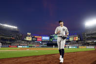 New York Yankees right fielder Aaron Judge runs to the dugout during the second inning of a baseball game against the Detroit Tigers, Tuesday, Sept. 5, 2023, in New York. (AP Photo/Adam Hunger)