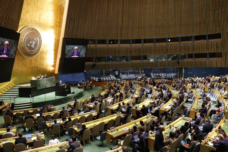 Delegates attend an emergency session of the UN General Assembly at GA Hall at United Nations Headquarters in New York City where they voted overwhelmingly Tuesday to demand an immediate humanitarian cease-fire in Gaza in response to the ongoing violence between Israel and Hamas. File Photo by John Angelillo/UPI