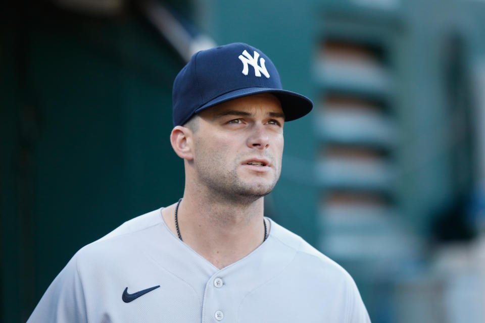 OAKLAND, CALIFORNIA - AUGUST 25: Andrew Benintendi #18 of the New York Yankees looks on before the game against the Oakland Athletics at RingCentral Coliseum on August 25, 2022 in Oakland, California.  (Photo by Lachlan Cunningham/Getty Images)