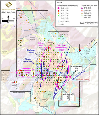 Figure 2. Map view of the individual gold in soil point results (colored circles) overlain on the geologic map. (CNW Group/Eminent Gold Corp.)