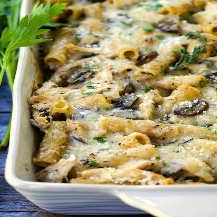 Chicken Marsala Baked Ziti in a pan