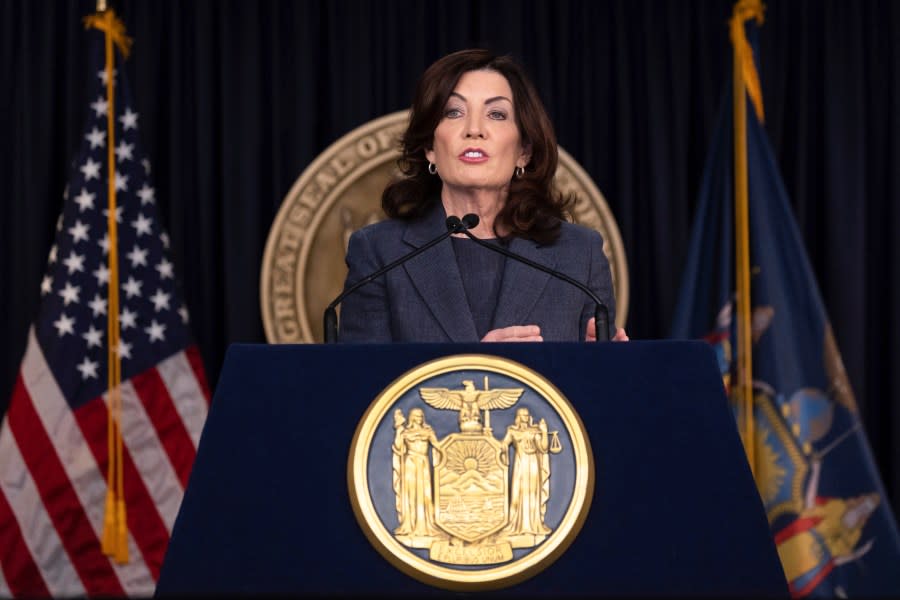 New York Governor Kathy Hochul addresses the media during a press conference.