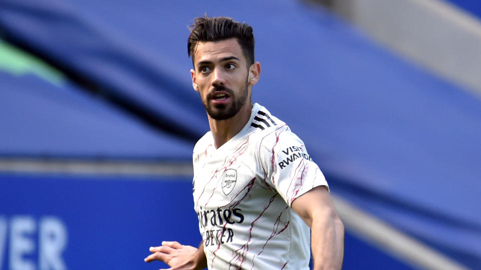 Arsenal&#39;s Pablo Mari during the English Premier League soccer match between Leicester City and Arsenal at the King Power Stadium in Leicester, England, Sunday, Feb. 28, 2021. (AP Photo/Rui Vieira)