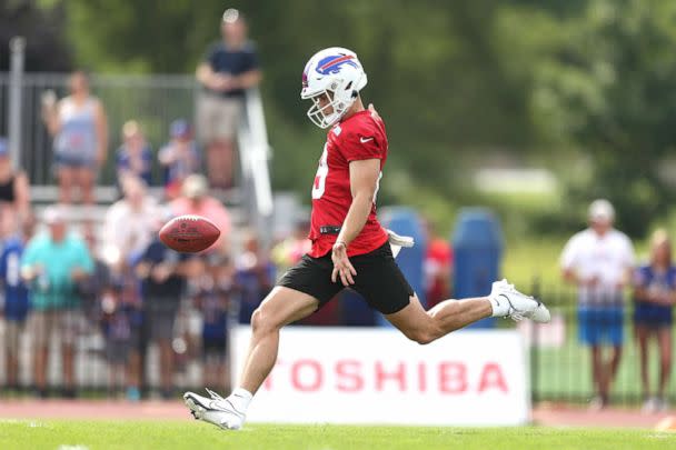 PHOTO: Matt Araiza #19 of the Buffalo Bills punts during Bills training camp at Saint John Fisher University on July 24, 2022 in Pittsford, N.Y. (Joshua Bessex/Getty Images, FILE)