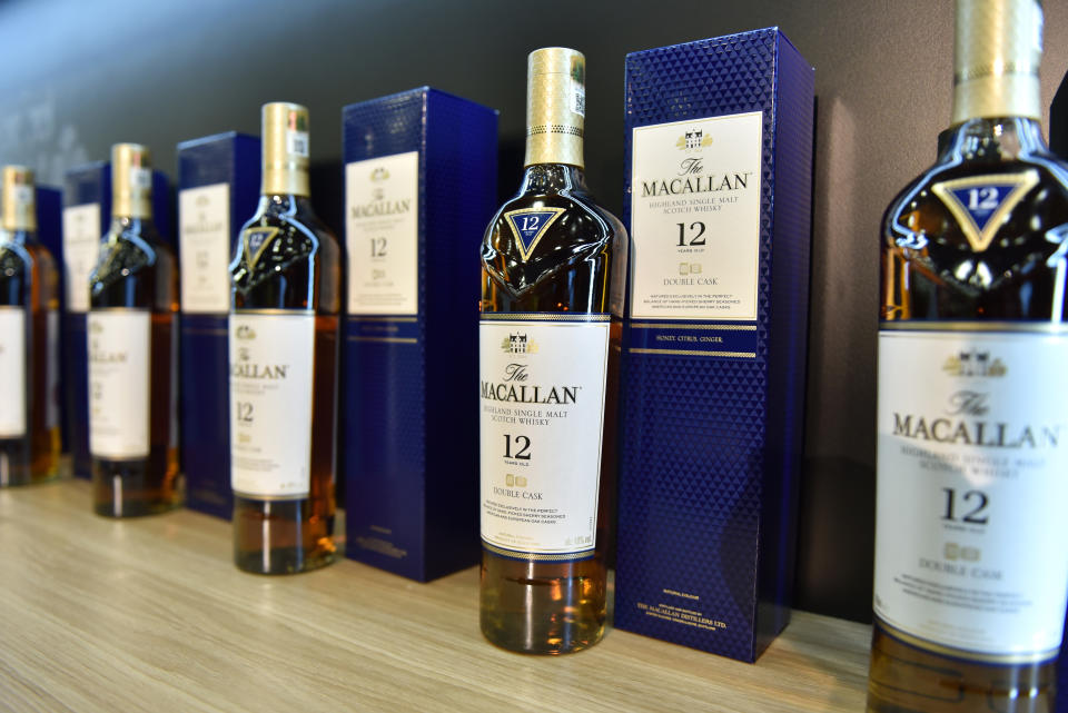 LONDON, ENGLAND - OCTOBER 23: Bottles of 12 years old double cask Macallan highland single malt whisky are displayed during the RM Sotherb's London, European car collectors event at Olympia London on October 23, 2019 in London, England. RM Sotheby's London, billed as the annual highlight for European car collectors will show Edwardians to modern supercars and offers collectors and attendees the opportunity to experience the very best of European cars. Sotheby’s will also present The Ultimate Whisky Collection, the most valuable collection of whisky ever to be sold at auction, both events will culminate in live auctions on 24th October.  (Photo by John Keeble/Getty Images)